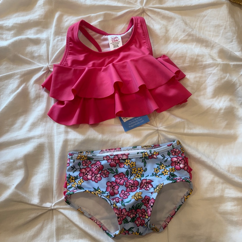 Pink Ruffle butt baby Bikini Set with Floral Bottoms